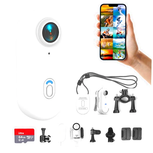 FOUKWAKC H8 64GB 4K Thumb Action Camera, Mini Body Cameras, Wearable Pocket Vlogging Camera, Multiple Accessory Mount Anywhere Small Portable Hands-Free Helmet Cam for Work, Cycling, Travel, Pet Walking