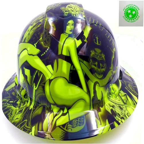 Wet Works Imaging Customized Pyramex Full Brim Green Biker Babes Hard Hat with Ratcheting Suspension