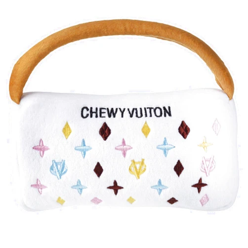 Haute Diggity Dog Chewy Vuiton White Purse, Plush Designer Dog Toys with Interactive Squeaker, Stimulating Pet Enrichment, Machine-Washable & Safe Materials for All Breeds, Size Large