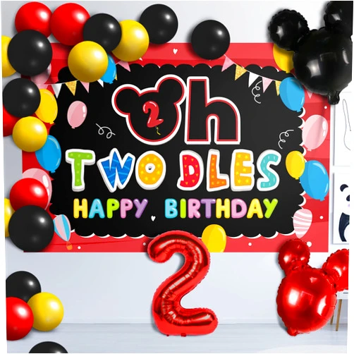 LINGPAR Oh Twodles Balloons Red Set Decor - Happy 2nd Birthday Party Theme Banner Backdrop Second Birthday Decorations For Baby Shower Supplies