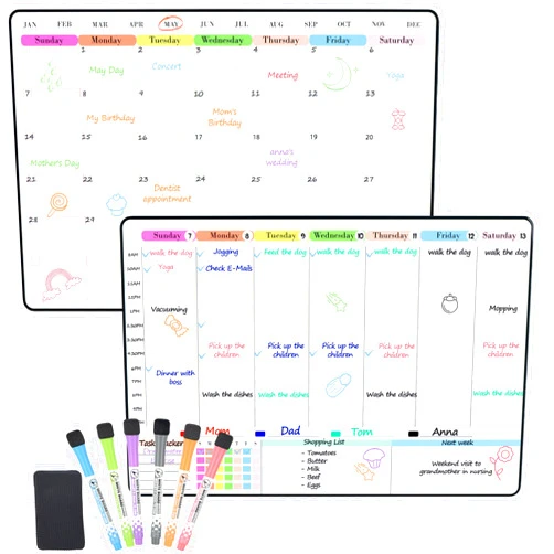 POPRUN Dry Erase Calendar weekly and monthly self adhesive stick on non-magnetic stainless fridge & Glass & Wall & wooden (any smooth surface) Schedule Board with Time Slots for Office and Family