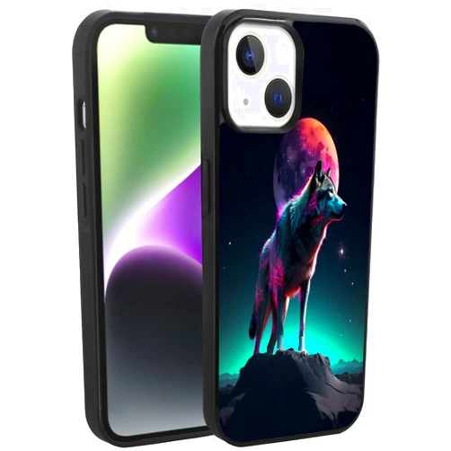 DeweiDirect Phone Case for iPhone 14 with Wolf Art Print JX062 Black Slim Rubber Frame Full Body Protection Cover Case for iPhone 14 Drop Protection