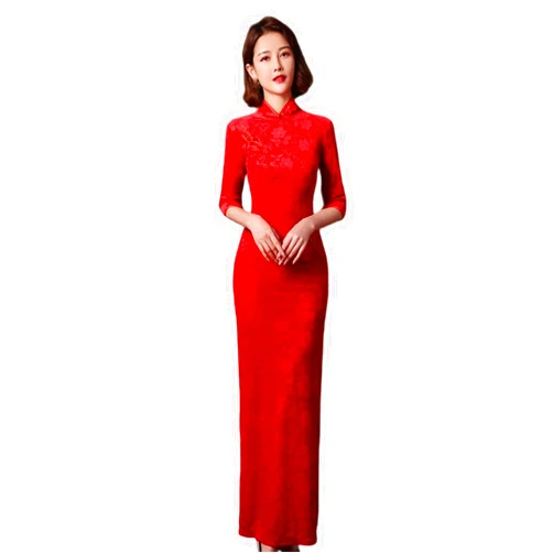 CBROOT Women's Chinese Cheongsam Dress - Fashion 3/4 Sleeve Long Cheongsam Velvet Slim Mother Dress Elegant Tradition
