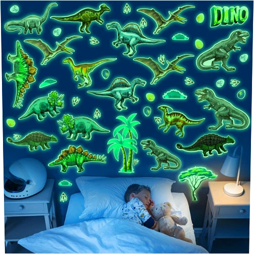 Zonon 114 Pcs/ 4 Sheet Glow in The Dark Dinosaurs Stickers for Wall Waterproof Glowing Dinosaur Wall Decals Large Removable Glow Wall Decor for Boy Bedroom Ceiling Kid Nursery Playroom