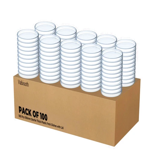 Vabiooth 100 Packs Sterile Thick Plastic Petri Dishes with Lid, Vabiooth 100mm Dia x 15mm Deep Clear 3 Vents Petri Dish for Lab Science Experiment