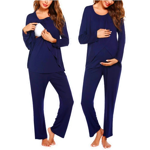 Ekouaer Maternity Nursing Pajama Set Long Sleeve Top & Pants with Pockets Breastfeeding Sleepwear Double Layer Pregnancy