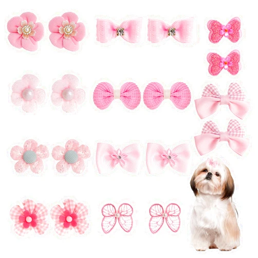 Gvhntk 20 Pcs Light Pink Small Dog Hair Bows Cute Puppy Dog Bowknot Hair Bow Bulk with Rubber Bands Elastic Lace Rhinestone Pearls Hair Ties Mix Style Handmade Grooming Flower Topknot Ball Bows Accessories