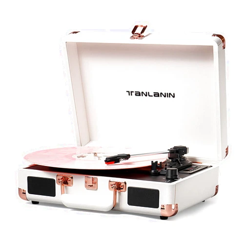 TANLANIN Vinyl Record Player Bluetooth Vintage 3-Speed Portable Suitcase Turntables with Built-in Speakers, Belt-Driven LP Player Support USB Recording AUX-in RCA Line Out Headphone Jack, White