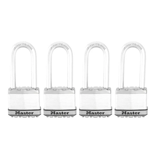 Master Lock M5XQLJ Magnum Heavy Duty Outdoor Padlock with Key, 4 Pack Keyed-Alike, Silver