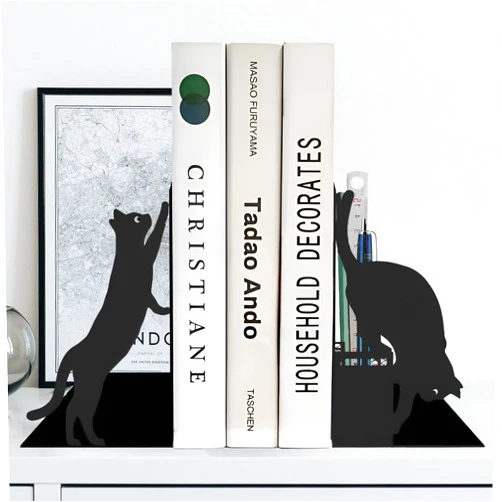 ENCIMART Cat Book Ends Decorative,ENCIMART Book Ends with Pen Holder,Unique Fun Bookends,Cool Black Bookends,Home Office Desk Bookshelf Decor,Gift for Cat Lovers and Reading Enthusiasts