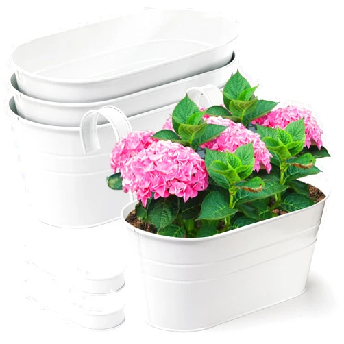 Foraineam 4 Pack Hanging Flower Pots, Metal Iron Plant Pot Holders, Large Fence Railing Balcony Garden Hanging Bucket Planters with Detachable Hooks for Indoor and Outdoor Decor