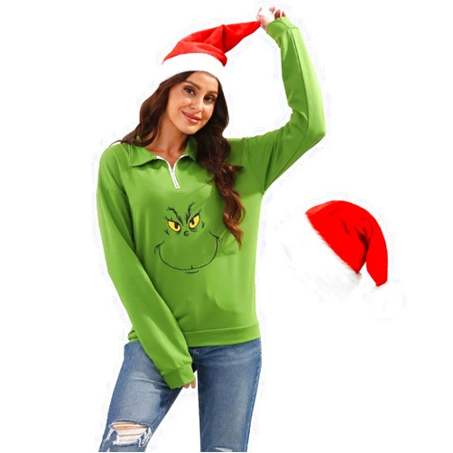 AKTOTO New Pullover Ugly Christmas Sweaters Cartoon Character Green Monster Print Unisex Sweatshirt with Christmas Hat