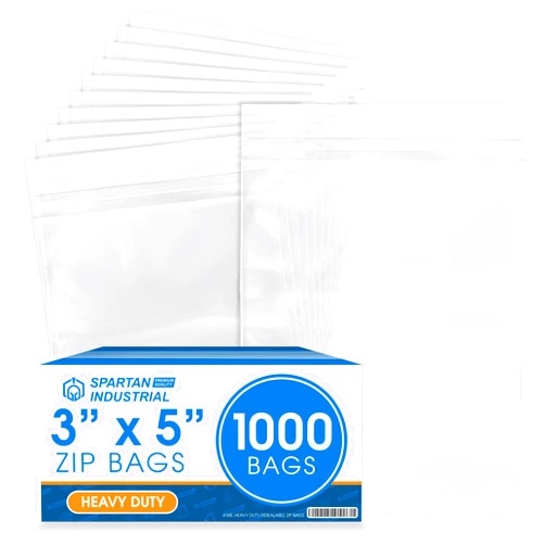 Spartan Industrial - 3” X 5” (1000 Count) 4 Mil Thick Clear Reclosable Zip Plastic Poly Bags with Resealable Lock Seal Zipper - Heavy Duty and Durable