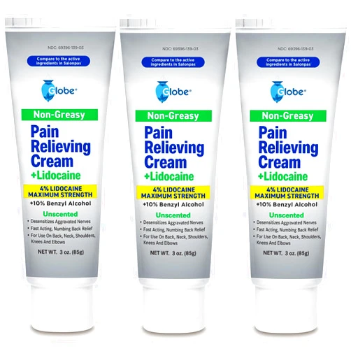 Globe Lidocaine 4% + Pain Relieving Cream, Fast Acting, Numbing Relief, Unscented, Compare to The Brand Name Lidocaine Plus Pain Relieving Cream. (3 oz Tubes x 3) (Total 9 oz)