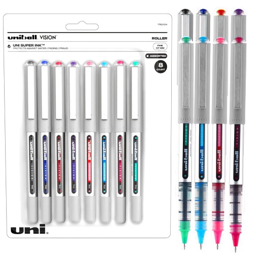 Uni-Ball Vision Rollerball Pens, School Pens Pack of 8, Assorted - Fine Point Pens with 0.7mm Medium Ink - Teacher Pens, Pens Fine Point Smooth Writing Pens, Bulk Pens, School Supplies