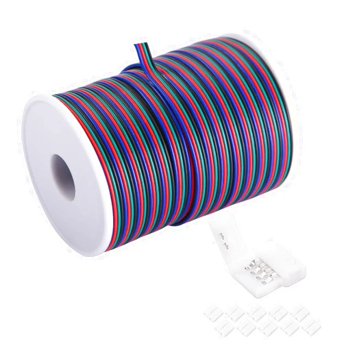 C-able 100ft(30.5m) 22 AWG 4Pin RGB Wire Extension Cable with Spool, Led Lights Wires Strip Extend Wire for 5050 3528, with 8PCS RGB Led Strip Connectors