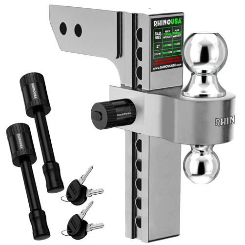 Rhino USA Adjustable Trailer Hitch (Fits 2-Inch Receiver)-Heavy Duty Aluminum Tow Hitches with 10-Inch Drop/Rise for Truck (12,500 LBS GTW) - Weatherproof Double Anti-Theft Locking Hitch Pins (Silver)