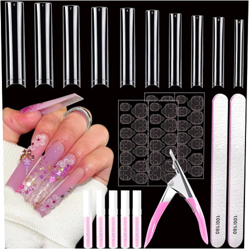 AITRAI 500 Pcs Square Nail Tips, AITRAI Long Nail Tips for Acrylic Nails Professional False Nails Clear Acrylic Nail Kit with Glue, Adhesive Tabs Acrylic Nail Clipper Files for Nail Art DIY
