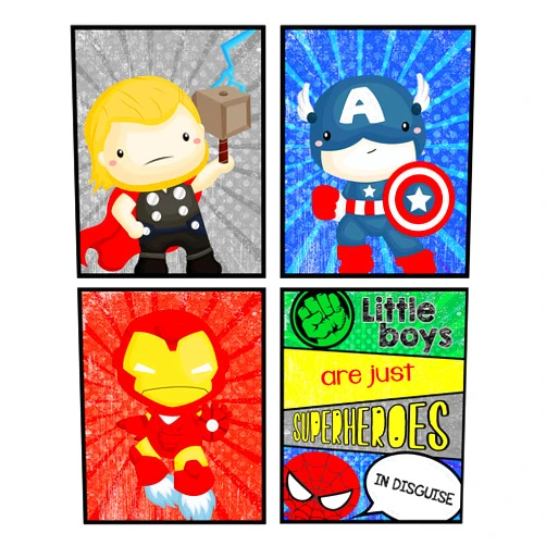 Silly Goose Gifts Little Boys Are Just Superheros In Disguise - Room Wall Art Prints Decor (Set of Four) Decoration Wall Hanging Picture Sign
