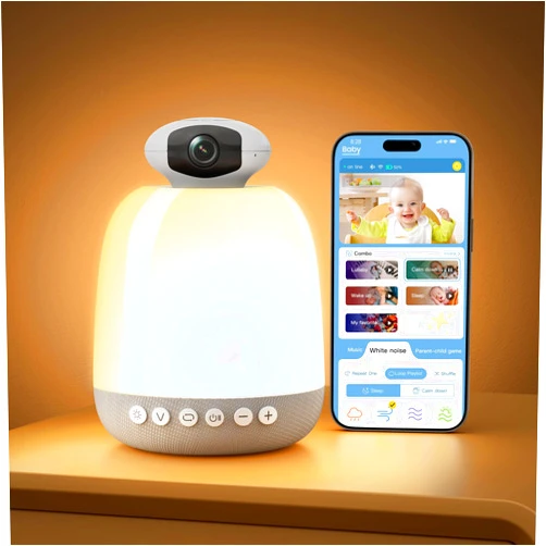 Glocusent Smart Night Light with HD1080P Video Monitor, White Noise Sound Machine, 5.1 Bluetooth Speaker, Built-in 62 Music Tracks, 24 LED Colors, 5 Scene Modes (WiFi)