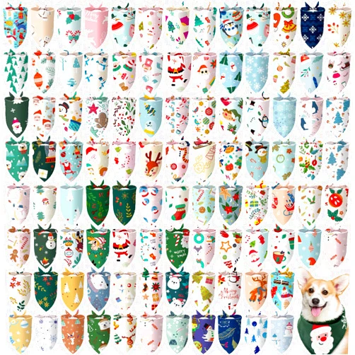 Huhumy 100 Pcs Christmas Dog Bandanas Bulk Pet Bibs Colorful Triangle Scarf Xmas Pet Bandanas for Medium Large Dogs Christmas Party Xmas Costume Decor