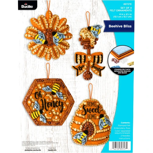 Bucilla, Beehive Bliss, Felt Applique 4 Piece Ornament Making Kit, Perfect for DIY Arts and Crafts, 89727E