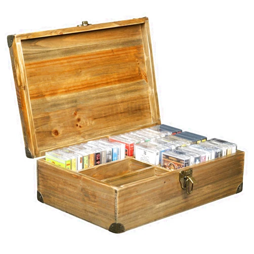 MyGift Vintage Wood Retro Audio Cassette Tape Storage Box with Antique Brass Tone Metal Latch and Brackets, 6 Compartments Hold up to 60 Tapes