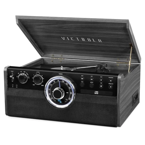 Victrola Mid Century 6-in-1 Bluetooth Record Player & Multimedia Center with Built-in Speakers - 3-Speed Turntable, CD & Cassette Player, AM/FM Radio | Wireless Music Streaming | Grey