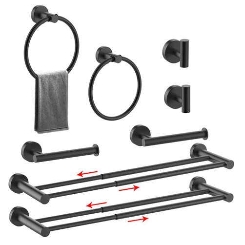 Chihod 8PCS Adjustable Bathroom Hardware Set, Matte Black Double Towel Bar, Stainless Steel Toilet Paper Holder, Towel Ring, Robe Hook Wall Mounted Round Bathroom Accessories