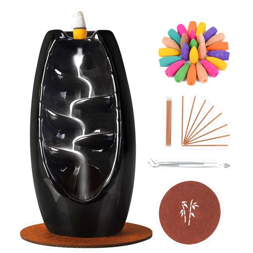 SPACEKEEPER Backflow Incense Holder Ceramic Incense Burner Waterfall, Aromatherapy Ornament Home Decor with 120 Backflow Incense Cones & 30 Incense Stick, Jet Black