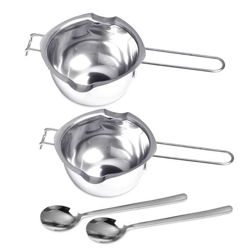 Milkary 2 Pieces Stainless Steel Double Boiler Pot with 2 Metal Spoon, Chocolate Melting Pot for Melting Chocolate, Butter, Cheese, Candle and Wax Making Kit Double Spouts 400ml/14oz