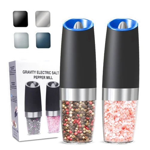 UNNEES Gravity Electric Salt and Pepper Grinder set of 2, Automatic Salt And Pepper Grinder Set, Adjustable Roughness, Battery Powered, LED Light, 2 Pack, (Black)