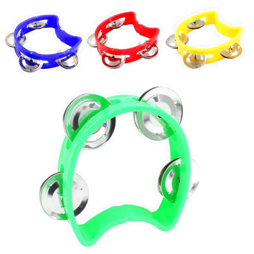 Piutouyar 4 Pack Plastic Tambourine Musical Instrument, 4 Colors Half Circle Tambourine with 4 Jingle Bells Mini Handheld Tambourine Percussion Bulk Plastic Musical Tambourine for School, Party, Band