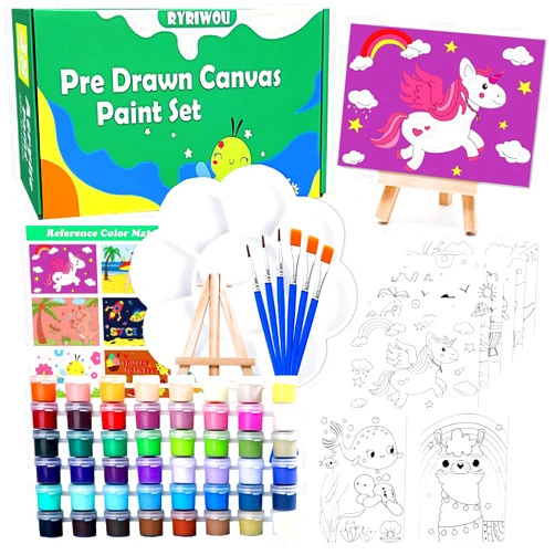 RYRIWOU Pre Drawn Canvas Set 8 Packs Pre-Printed Canvas Acrylic Oil Painting Kit for Kids Ages 8-12 9-12 5x7 inch Canvas with 48 Paints 6 Brushes 2 Easels for Party Favor School Projects