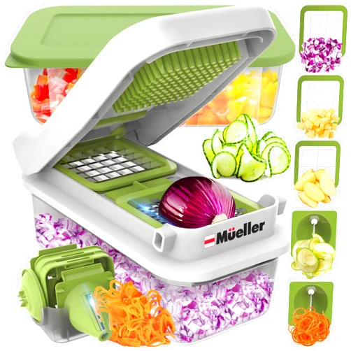 Mueller Pro-Series V Blade Veggie Chopper, Egg Slicer, Spiralizer, Dicer, Cutter, Food Chopper, Gifts for Mom, Kitchen Accessories & Kitchen Essentials with Food Container and Lid White Sand/Green