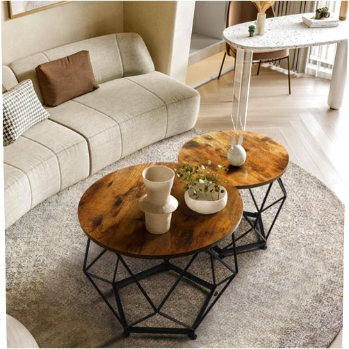 Youvip Small Round Coffee Table Set of 2,Modern Coffee Table with Metal Frame, Coffee and End Table Sets for Living Room, Bedroom, Home Office, Farmhouse, Rustic Brown and Black