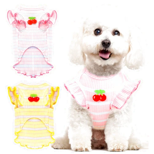 XGDMEIL 2 Pack Striped Small Dog T Shirt Cute Cherry Girl Dog Clothes for Small Dogs Cats Breathable Soft Cotton Pet Puppy Sleeveless Vest Spring Summer Pet Outfits（Pink+Yellow,Medium）