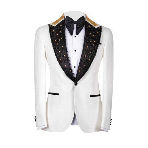 Homhous Men's Rhinestone Blazer, Handmade, Single Breasted, Slim Fit, White Formal Jacket for Wedding