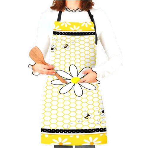 Chucoco Kitchen Cooking Apron Spring Farm Bee Lines Daisy Flower Adjustable Waterproof Bib Aprons for Women/Men with Pockets