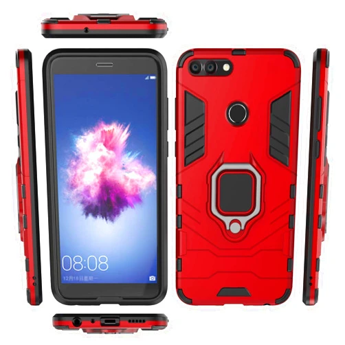 QiongNi Case for Huawei P Smart FIG-L03 FIG-LX1 FIG-L21 FIG-LX2 FIG-L22 FIG-LX3 FIG-L23 / Vodafone P Smart Case Cover,360 Degree Rotating Ring Holder Kickstand with Magnetic Car Mount Red