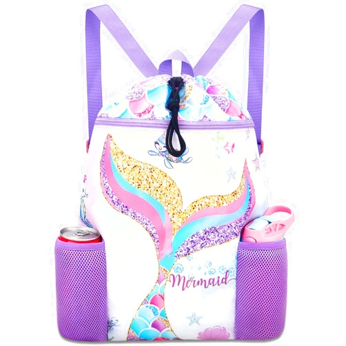 RHCPFOVR Mermaid Swim Bags for Kids - Drawstring Backpack for Girls Beach Swimming Pool Lightweight Draw String Bags Waterproof Sports Gym Bag With Two Water Bottle Holder