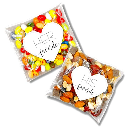 Clementine Wedding & Party Wedding Favors - 15 His / 15 Her Favorite Stickers - Clear Treat Bags - Shower or Party Guest Gift