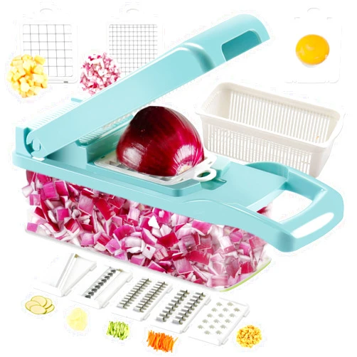 Ourokhome Vegetable Chopper Onion Cutter, 12 in 1 Professional Mandoline Slicer for Kitchen, Multifunctional Food Chopper for Potato, Tomato, Veggie with Strainer Basket, 8 Blades, Blue
