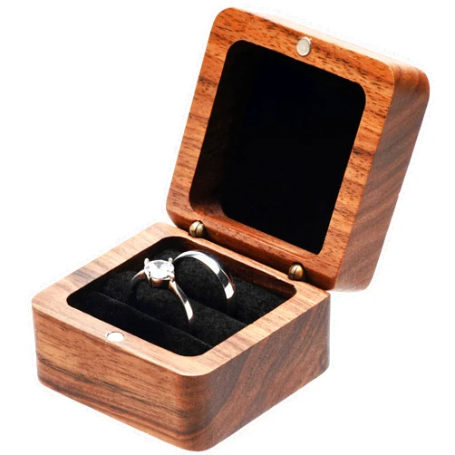 COSISO Square Solid Wood Double Ring Box Case for Wedding Ceremony Engagement Proposal,Wooden Ring Holder for 2 Rings (Black Inner)