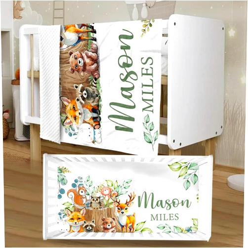 YISMEET Personalized Crib Bedding Set for Boys Girls, Custom Baby Crib Sets with Name, Animal Stump Design Nursery Bedding 2 Piece - Soft Blanket with Double Layer Dotted Backing, Crib Fitted Sheet