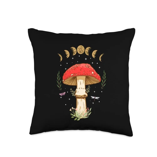 Witchy Goth And Celestial Moon Creations Dark Academia Cottagecore Aesthetic Magic Mushroom Throw Pillow