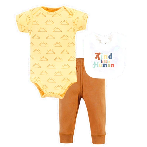 Hudson Baby Unisex Baby Cotton Bodysuit, Pant and Bib Set, Kind Human, Newborn