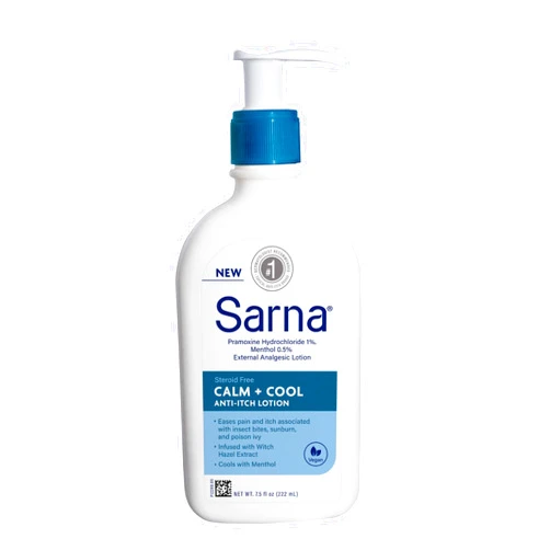 Sarna Calm + Cool Anti-Itch Lotion, Soothe and Relieve Pain and Itch from Insect Bites, Sunburn, & Poison Ivy, Contains 1% Pramoxine Hydrochloride, 0.5% Menthol, Vegan, Steroid-Free, 7.5oz
