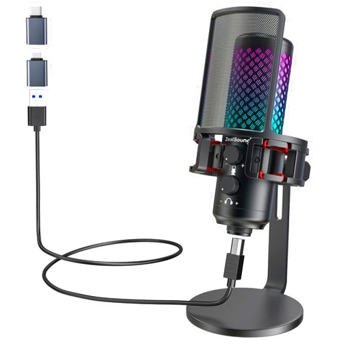 ZealSound USB Microphone for iPhone iPad Phone PC,RGB Gaming Microphone with Full Metal,Mute,Pop Filter,Gain for Podcasting,Streaming,YouTube,Voice Over