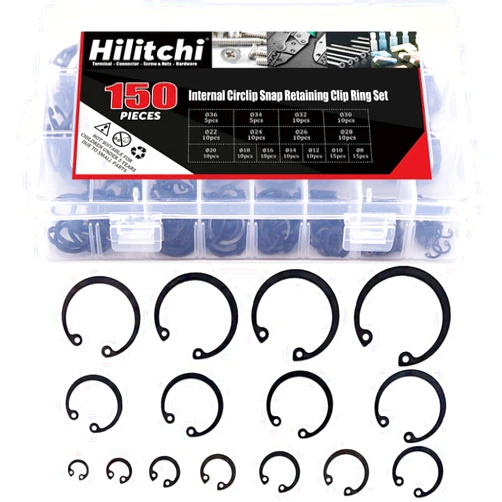 Hilitchi 150-Pcs [15-SIZE] Alloy Steel Internal Circlip Snap Retaining Clip Ring Assortment Kit - Size: 8mm to 36mm